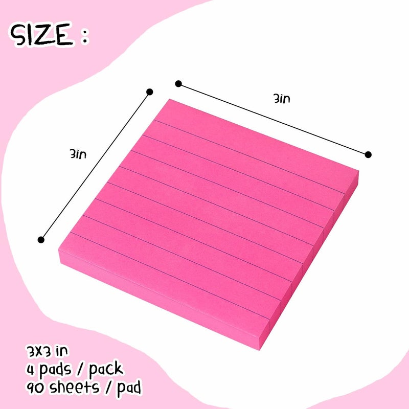 Eastern Wolf Lined Sticky Notes 3x3 Sticky Notes with Lines Self-Stick Notes Bright Color 4 Pads 90 Sheets/Pad (Rose Red) - Image 2